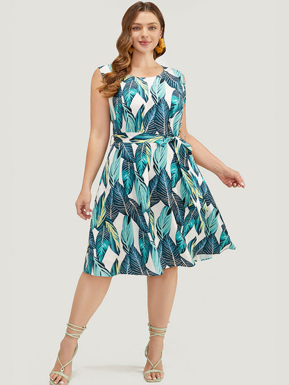 Tropical Print Pocket Belted Tank Dress