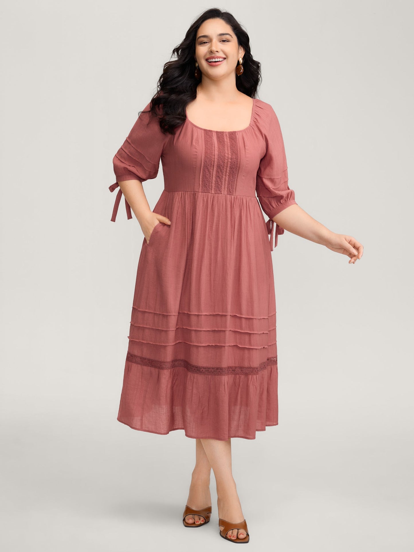 Shirred Back Square Neck Pleated Maxi Dress