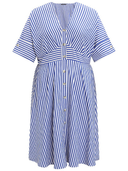V Neck Striped Pocket Ruffle Hem Button Detail Dress
