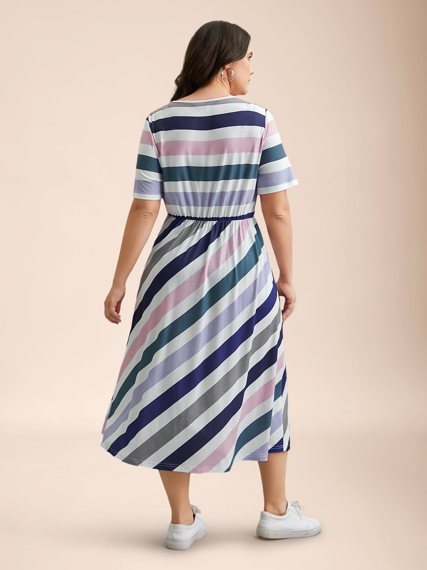 Striped Waist-Tie Half Sleeve Midi Dress