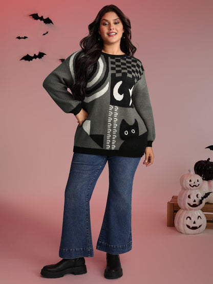 Halloween Cat Print Contrast Pullover
