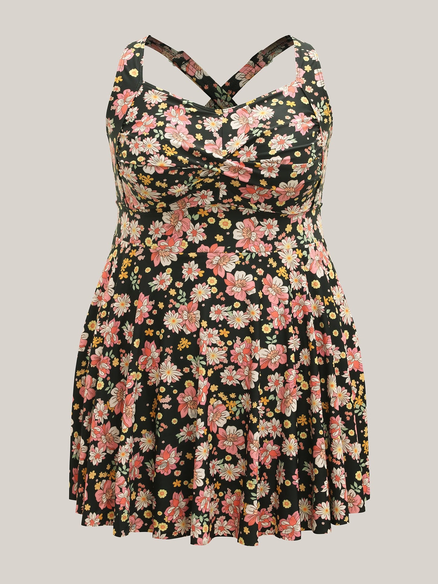 Twist Front Floral Print Pockets Swim Dress