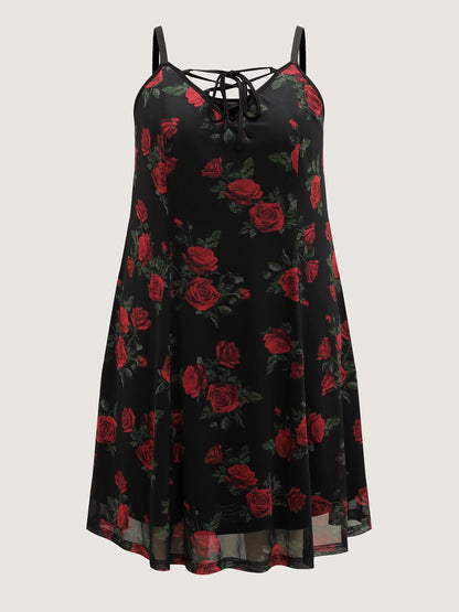 Rose Print Neck-Ties Flowy Sleep Dress