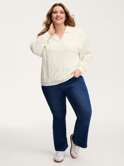 Textured Lapel Collar Stretchy Hem Sweatshirt