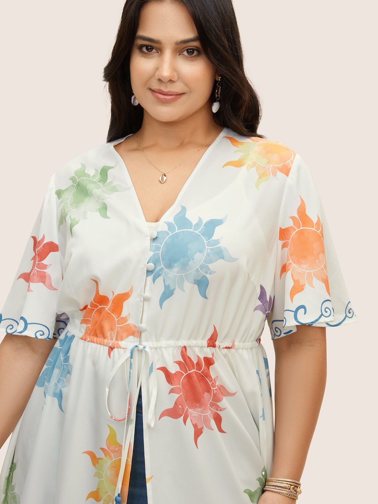 Sun Print Knotted Button Up Drawstring Kimono