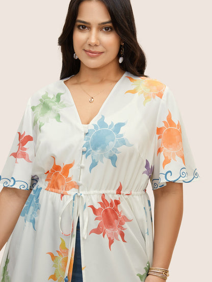 Sun Print Knotted Button Up Drawstring Kimono