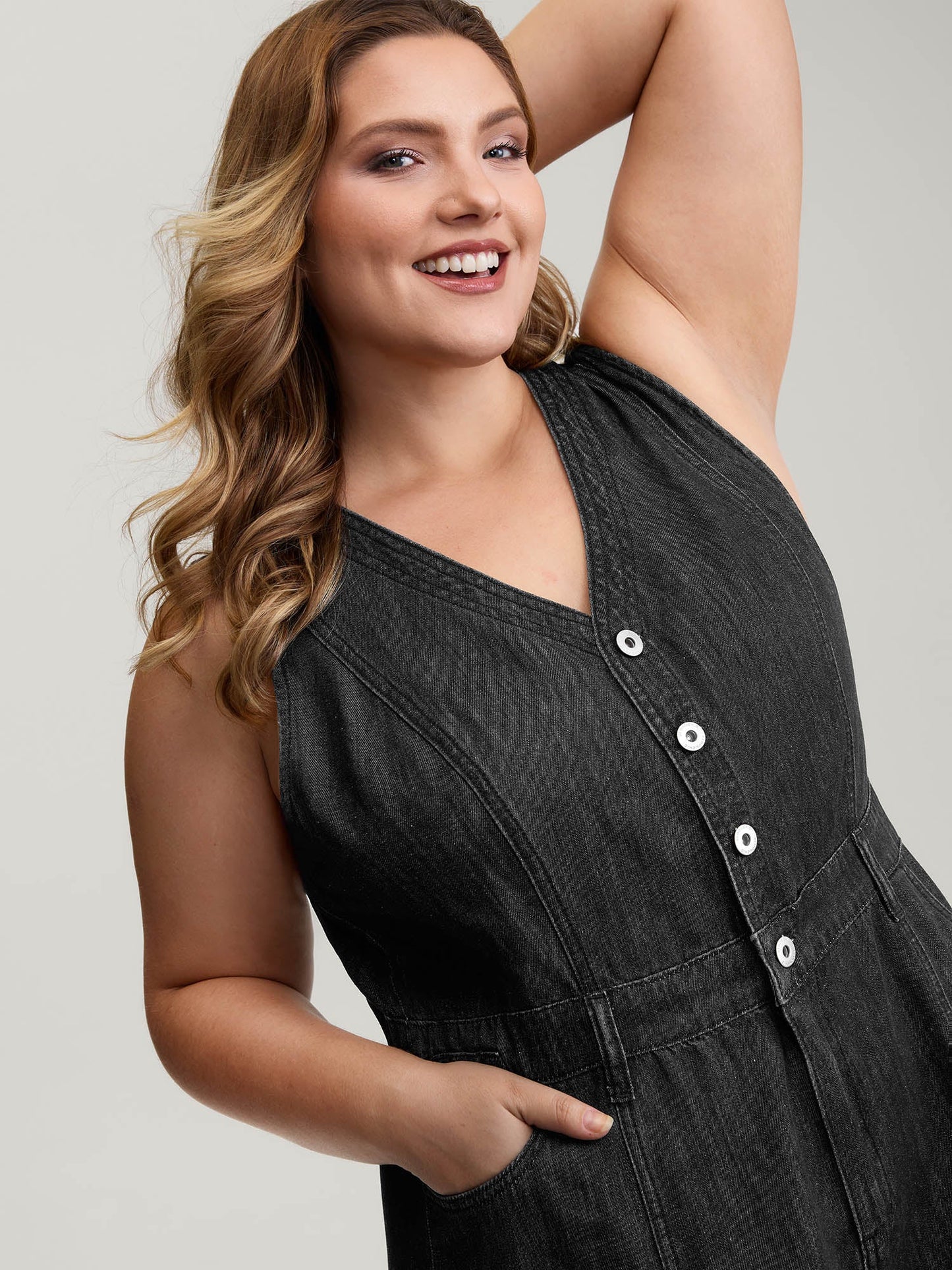 Button Placket Pockets Denim Jumpsuit