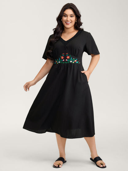 Floral Embroidered Waist Lace Trim Midi Dress