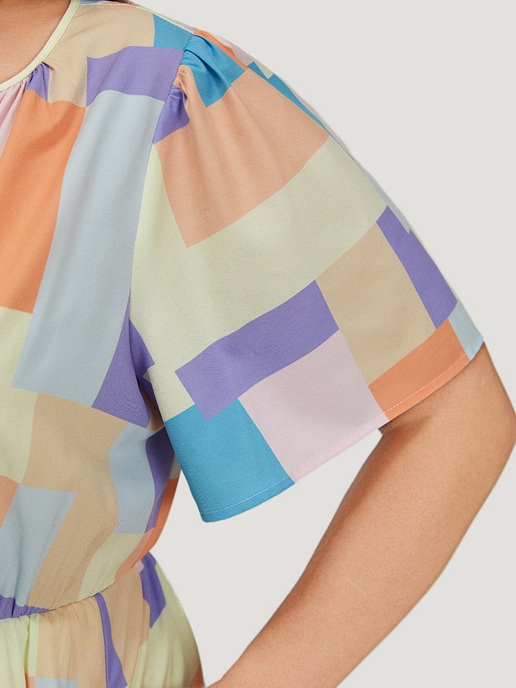 Geometric Notched Pocket Shirred Flutter Hem Dress