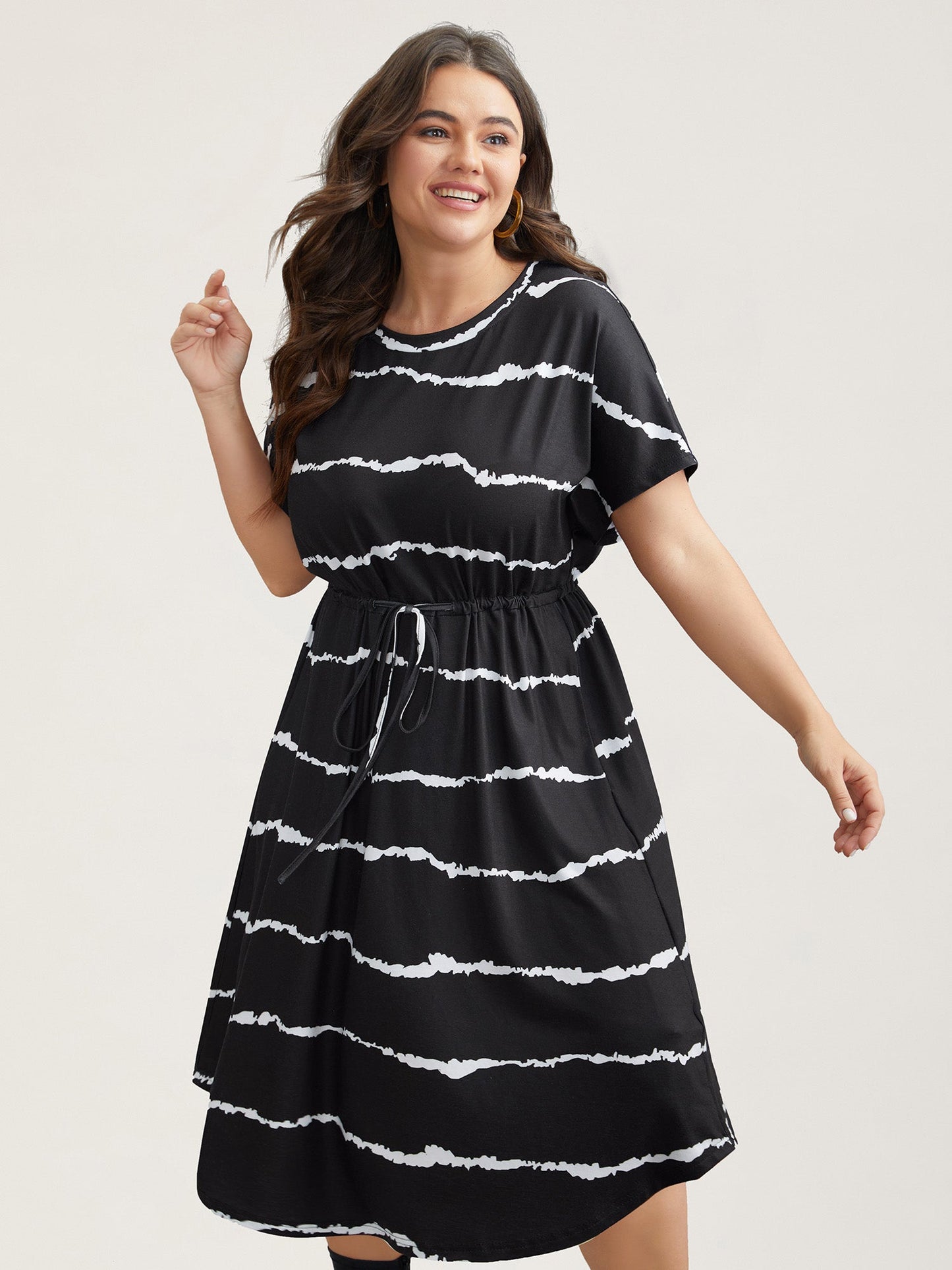 Striped Waist-Tie Dolman Sleeve Midi Dress