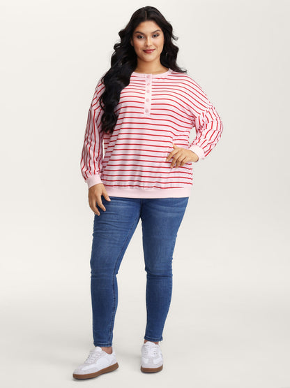 Stripe Snap Button Round Neck Sweatshirt
