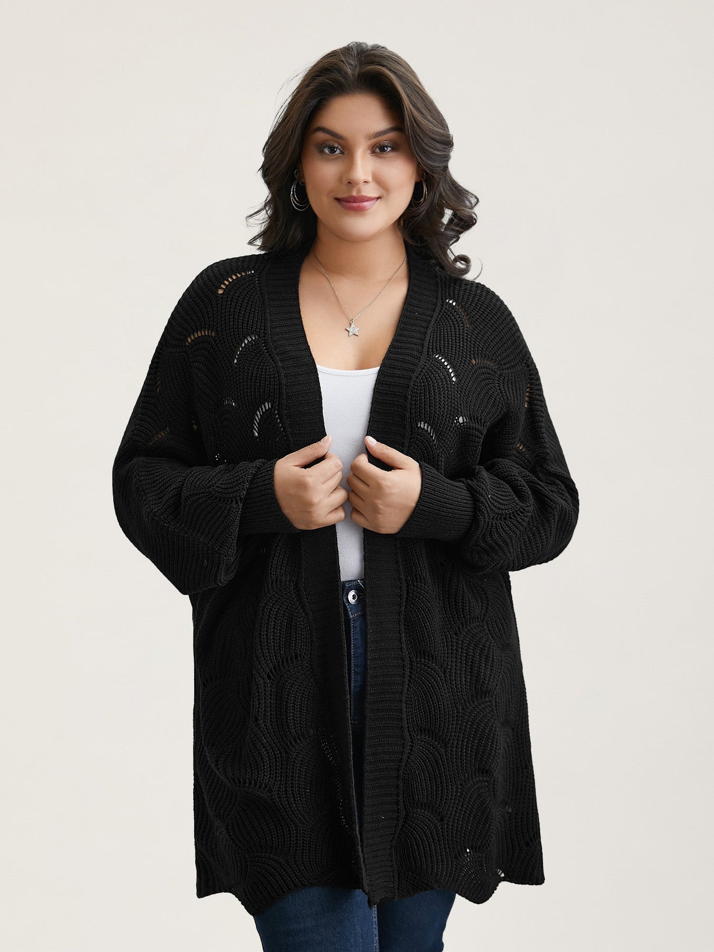 Textured Cut-Out Open-Front Cardigan