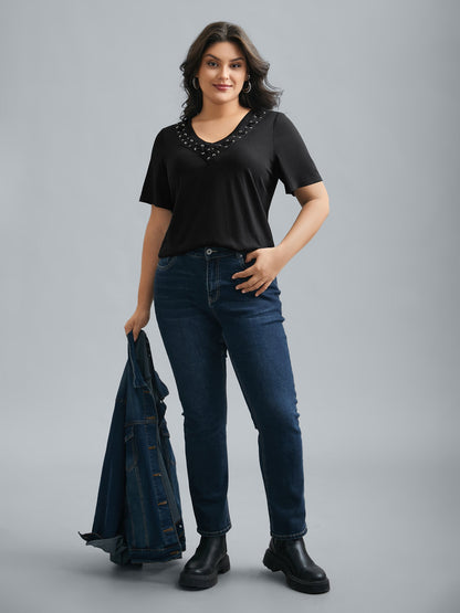 Stretchy V-Neck Hollow Fitted T-Shirt