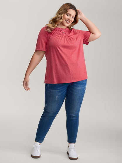Stretchy Ruched Neckline Ruffled Neck T-Shirt