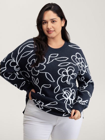 Round Neck Floral Split Hem Pullover