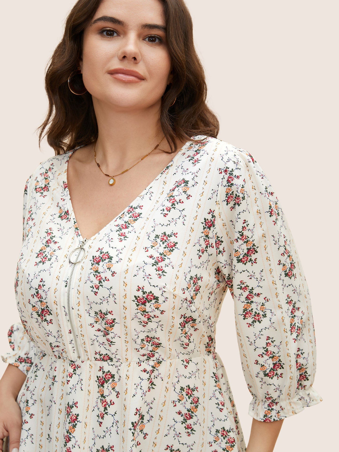 Boho Print O Ring Zipper Lantern Sleeve Blouse
