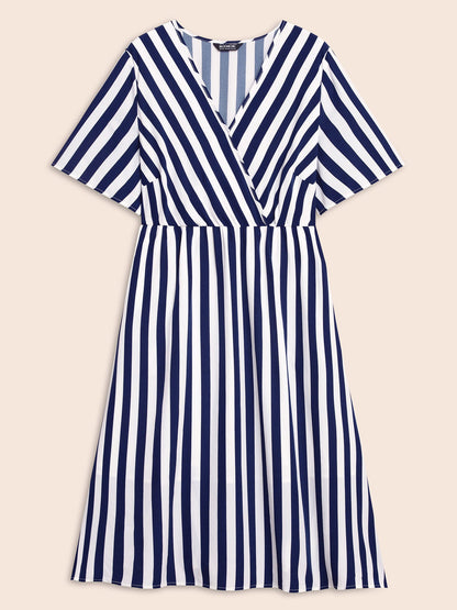 Striped Overlap Collar Ruffle Sleeve Midi Dress