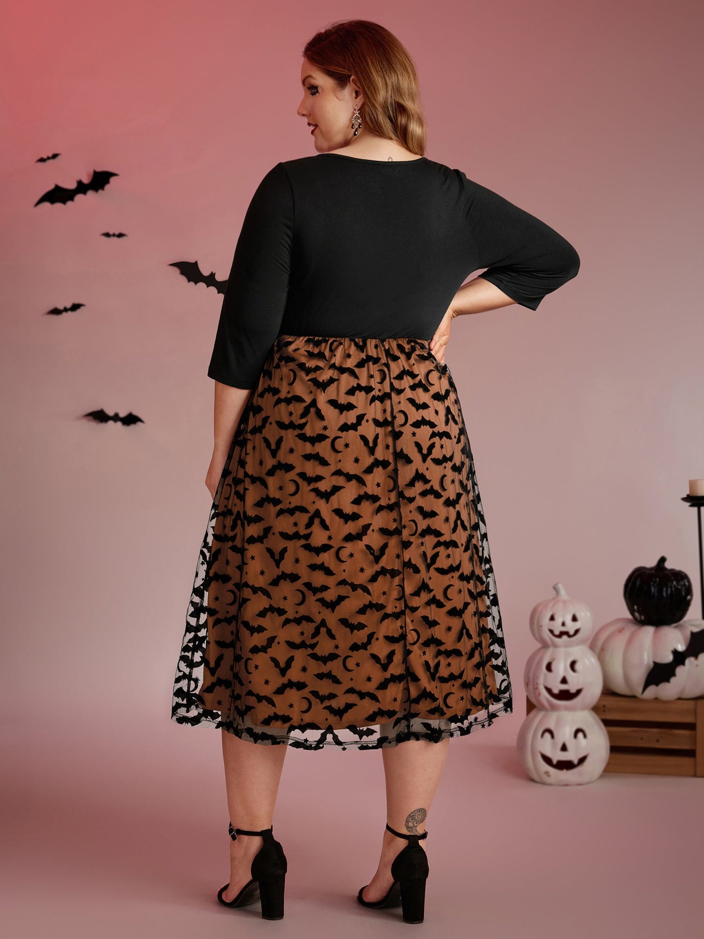 Bats Print Halloween Sheer Pockets Maxi Dress