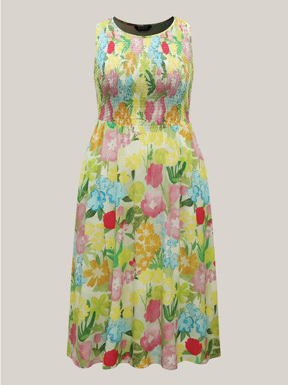 Neon Heartbeat Floral Shirred Midi Dress