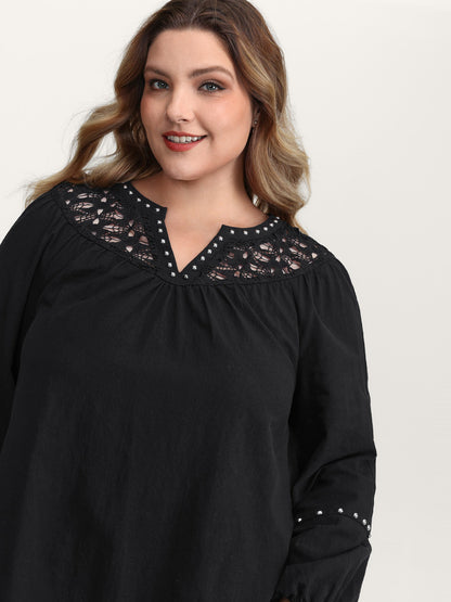 Lace Trim Rivets Cut-Out Blouse