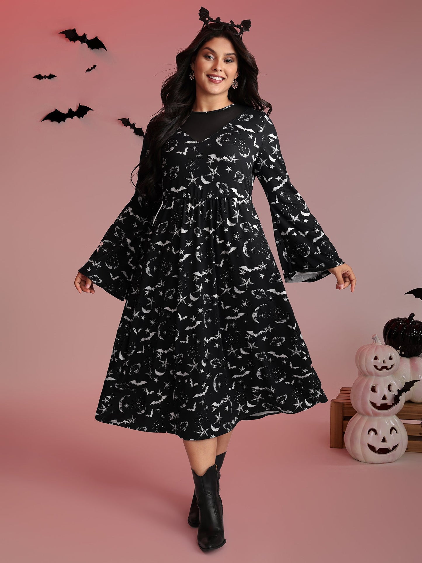 Celestial Halloween Print Sheer Pockets Maxi Dress
