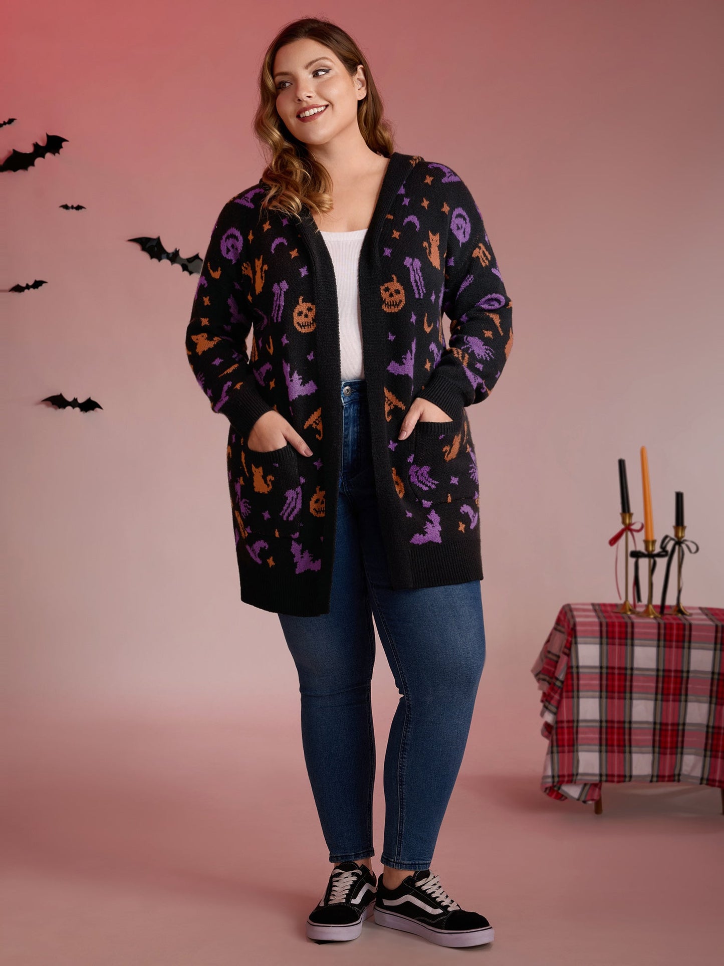 Halloween Party Print Hooded Pocket Cardigan
