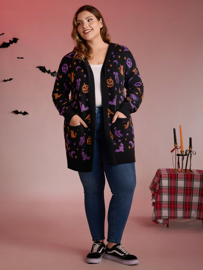 Halloween Party Print Hooded Pocket Cardigan