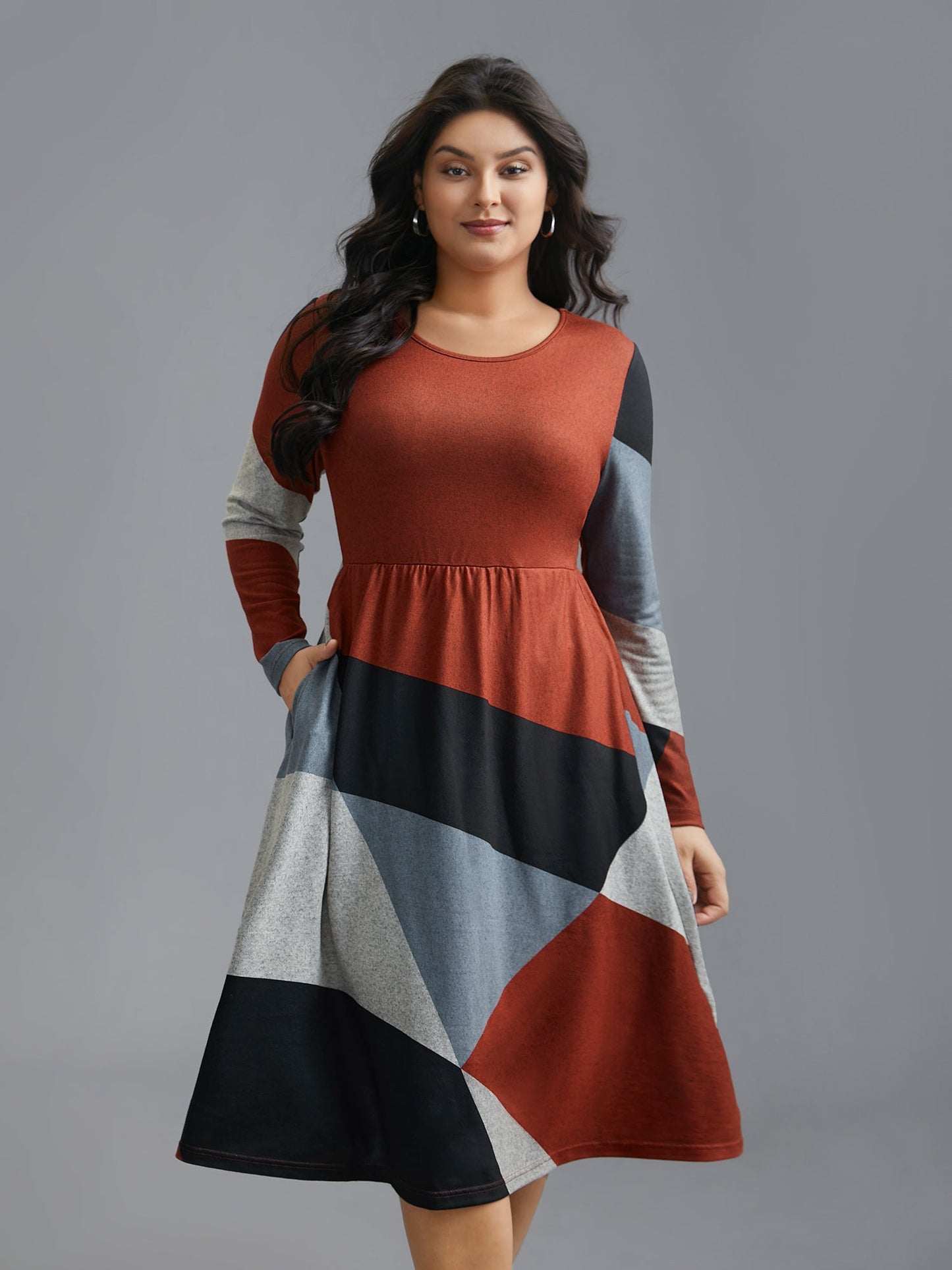 Round Neck Geometric Colorblock Contrast Dress
