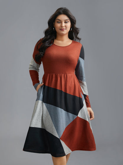 Round Neck Geometric Colorblock Contrast Dress