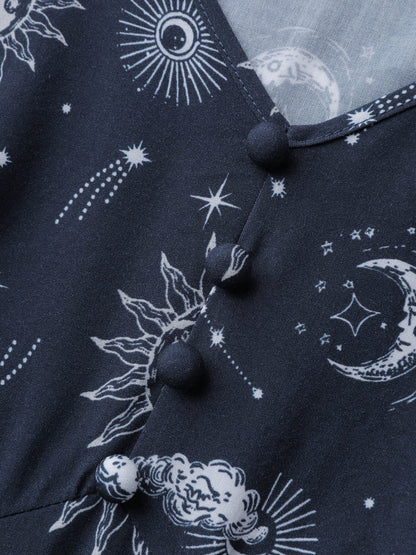 Star and Moon Print Sleeve Tie Blouse