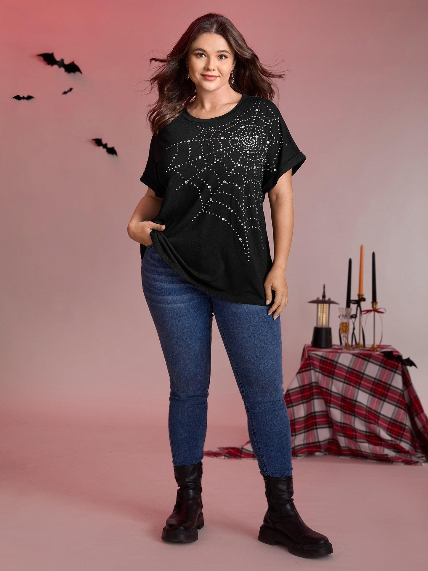 Spiderweb Rhinestone Stretchy Solid T-Shirt