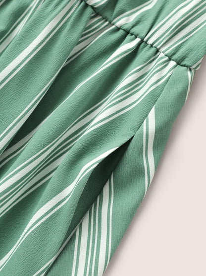Striped Elastic Waist Belted Wrap Dress