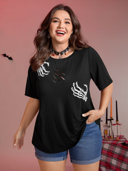 Skeleton Hands Print Cut-Out Solid T-Shirt