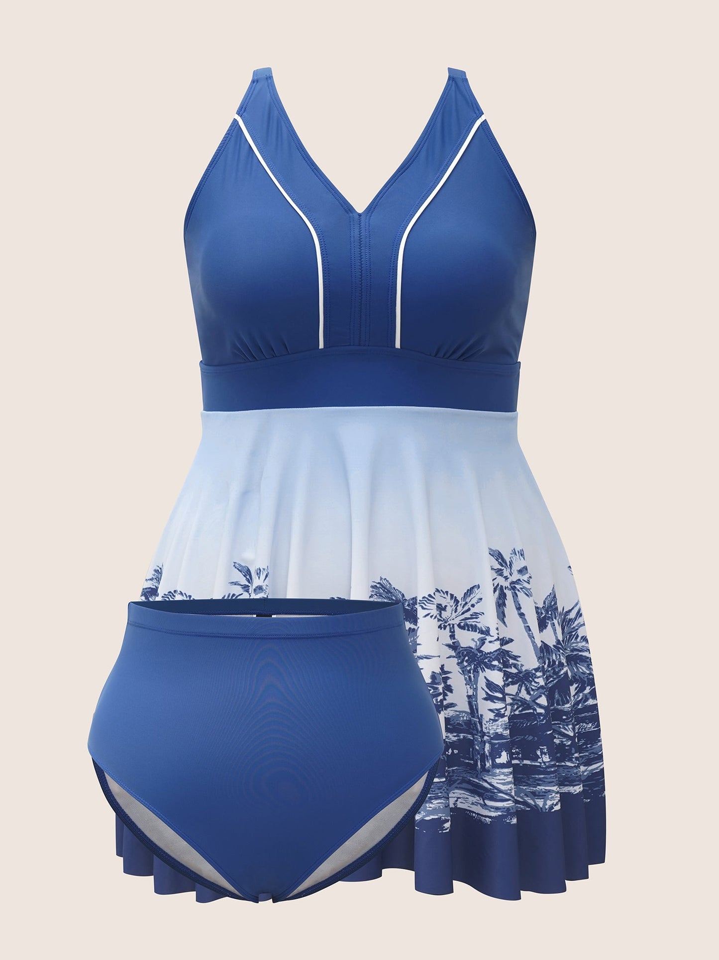 V Neck Tropical Print Contrast Swim Dress