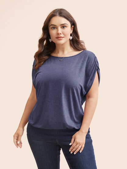 Solid Ruched Batwing Sleeve Shirred Hem T-shirt