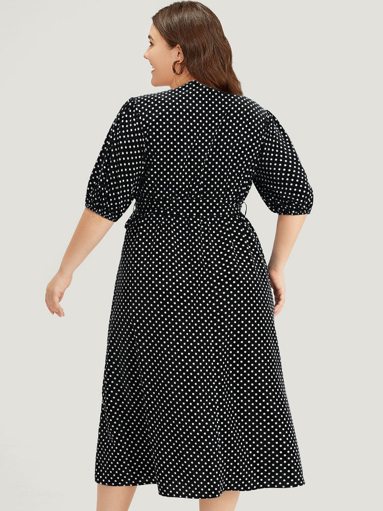Polka Dot Belted Lantern Sleeve Surplice Neck Dress