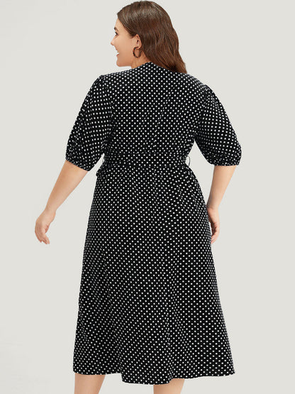 Polka Dot Belted Lantern Sleeve Surplice Neck Dress