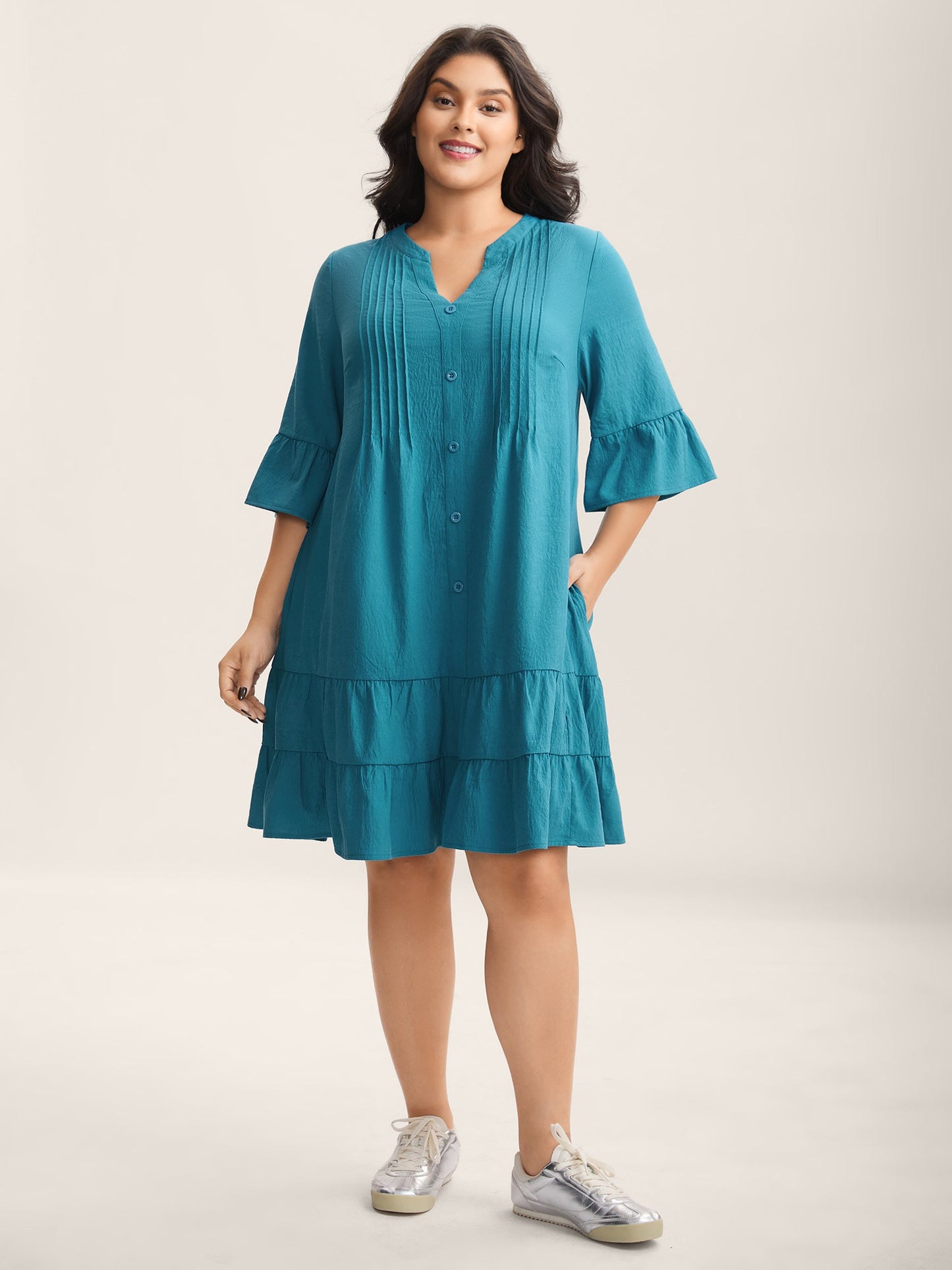 Toothpick Pleat Relaxed Fit Tiered Midi Dress