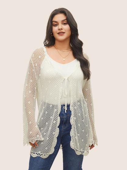 Pointelle Knit Ties Lace Panel Bell Sleeve Cardigan