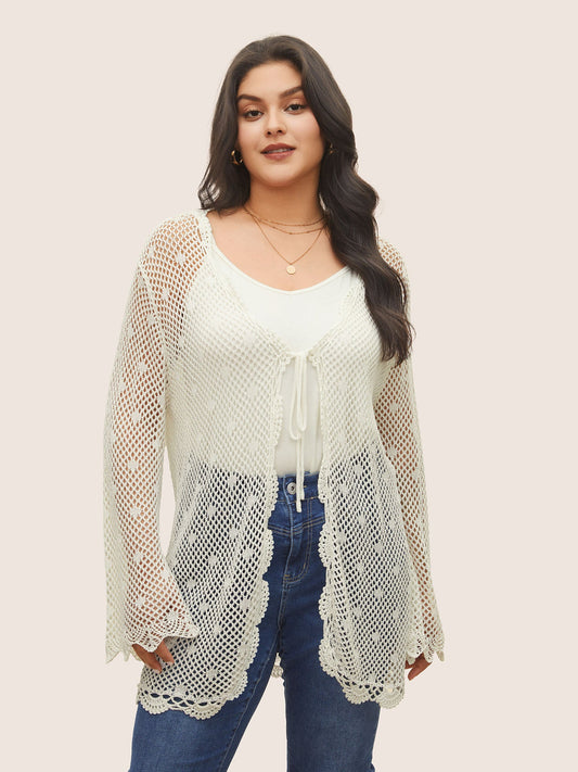 Pointelle Knit Ties Lace Panel Bell Sleeve Cardigan