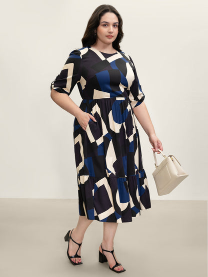 Geometric Print Stretchy Waist Cuffed Midi Dress