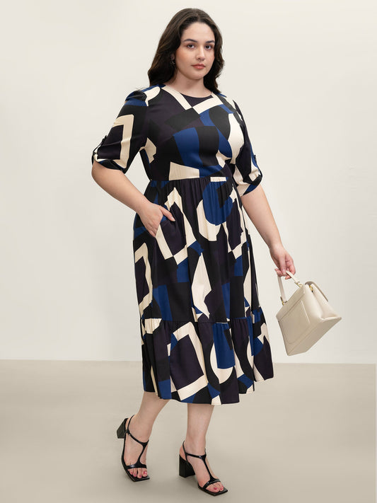 Geometric Print Stretchy Waist Cuffed Midi Dress