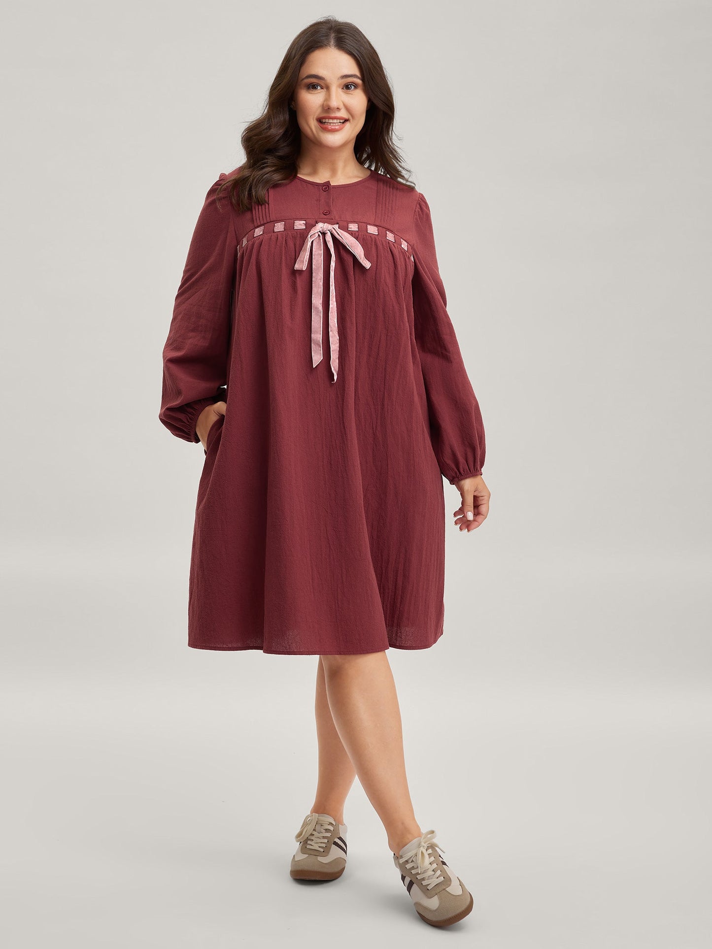 Cotton Webbed Stripe Button A-Line Midi Dress