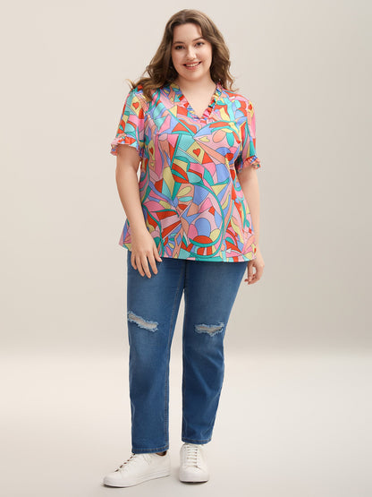 Abstract Pattern Petal Trim V-Neck Blouse
