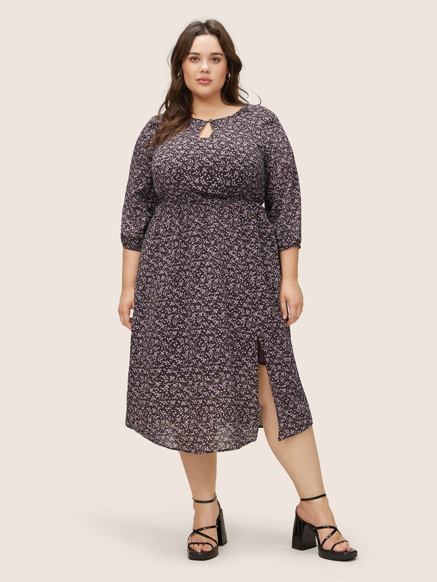 Ditsy Floral Keyhole Split Side Elastic Waist Dress