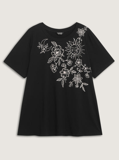 Floral Print Stretchy Round Neck T-Shirt