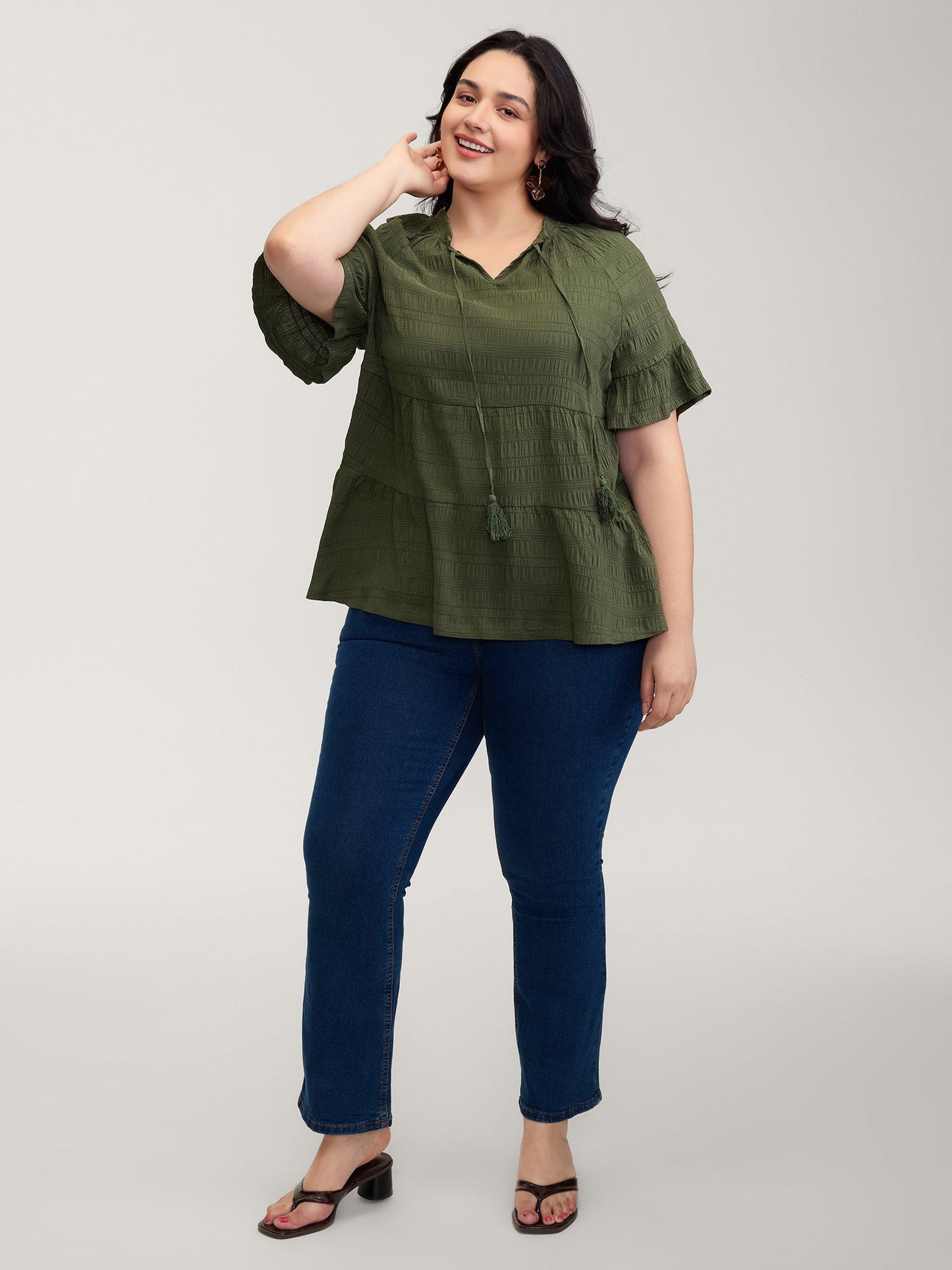 Notched Neck-Tie Crinkle Tiered Blouse