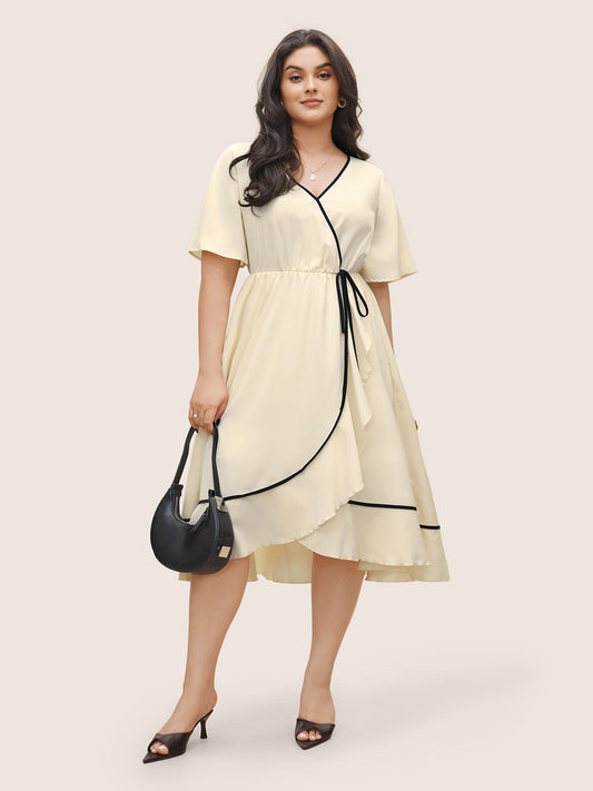 Anti-Wrinkle Wrap Tiered Ruffles Contrast Ties Dress