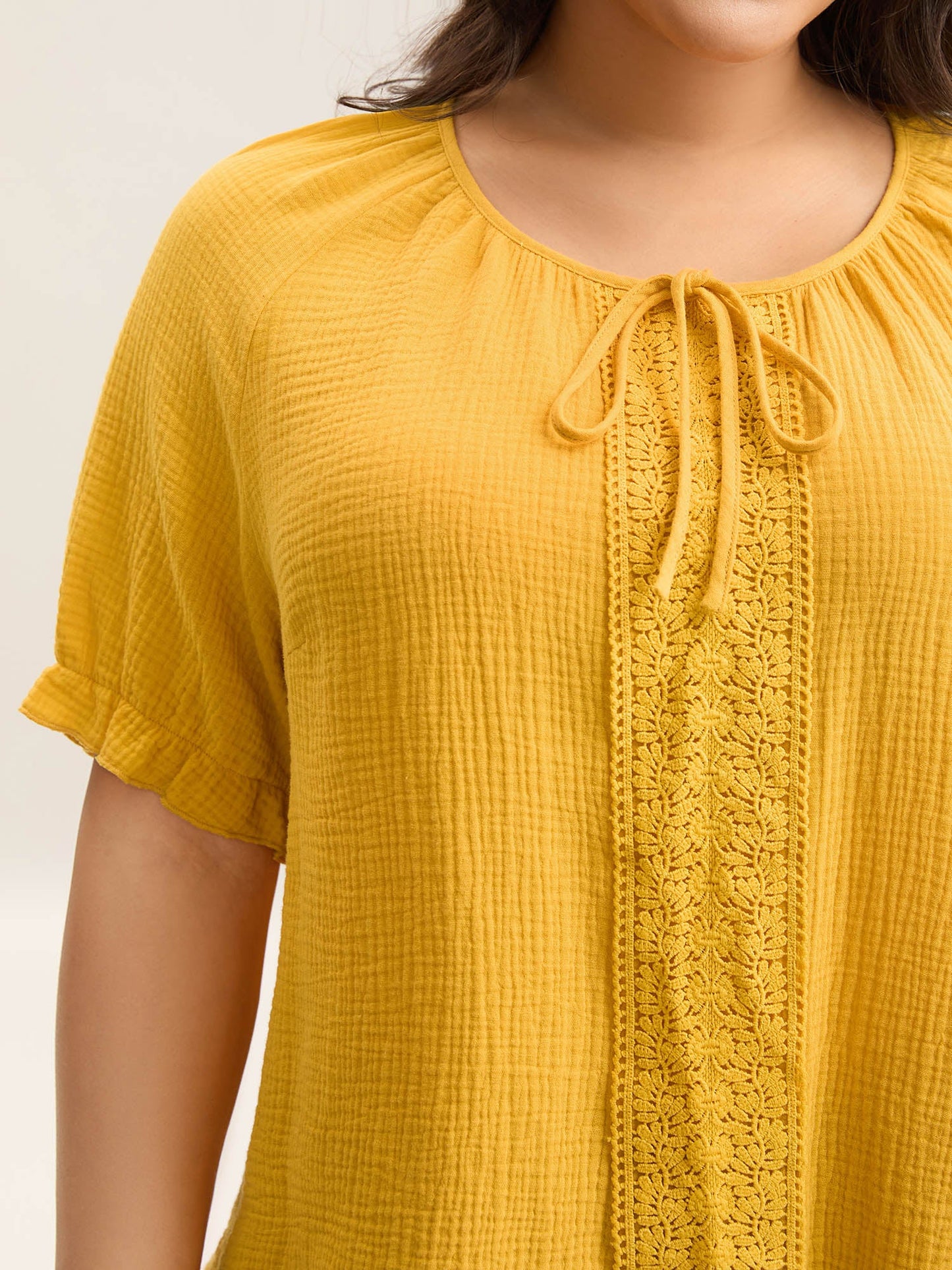 Pure Cotton Lace Placket Tied Blouse
