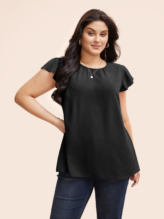 Solid Gathered Flutter Trim Blouse